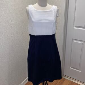 H&M Midi Dress Sleeveless Navy & White EUC Sz 14 Pleated Upper Midi A-Line